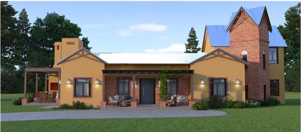 Frente de la casa con galería, parrilla, torre de ladrillo y techos de chapa (render del proyecto)